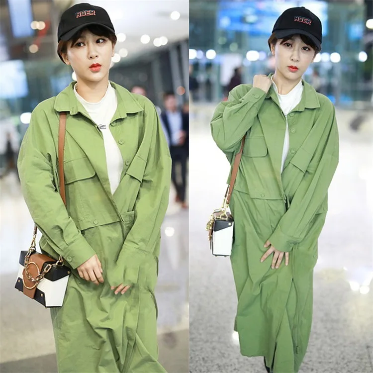 The Same Green Stitching Lapel Two Removable Long Medium Windbreaker Jackets BF Former Women College 2019 Long Coat Woman The Same Green Stitching Lapel Two Removable Long Medium Windbreaker Jackets BF Former Women College 2019 Long Coat Woman