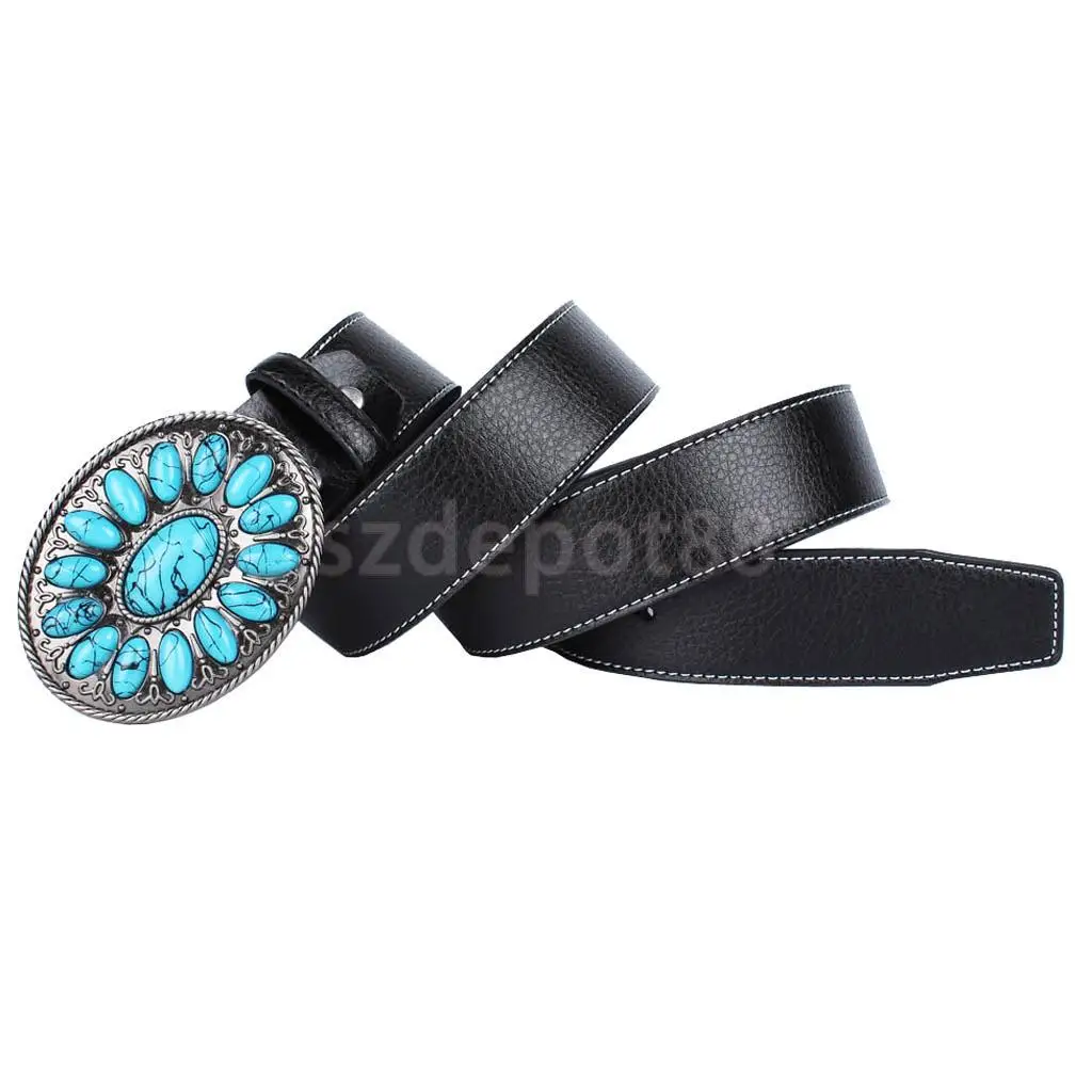 Cowboy Belt Western Leather Belt with Bohemian Faux Turquoise Belt Buckle, Black, Brown