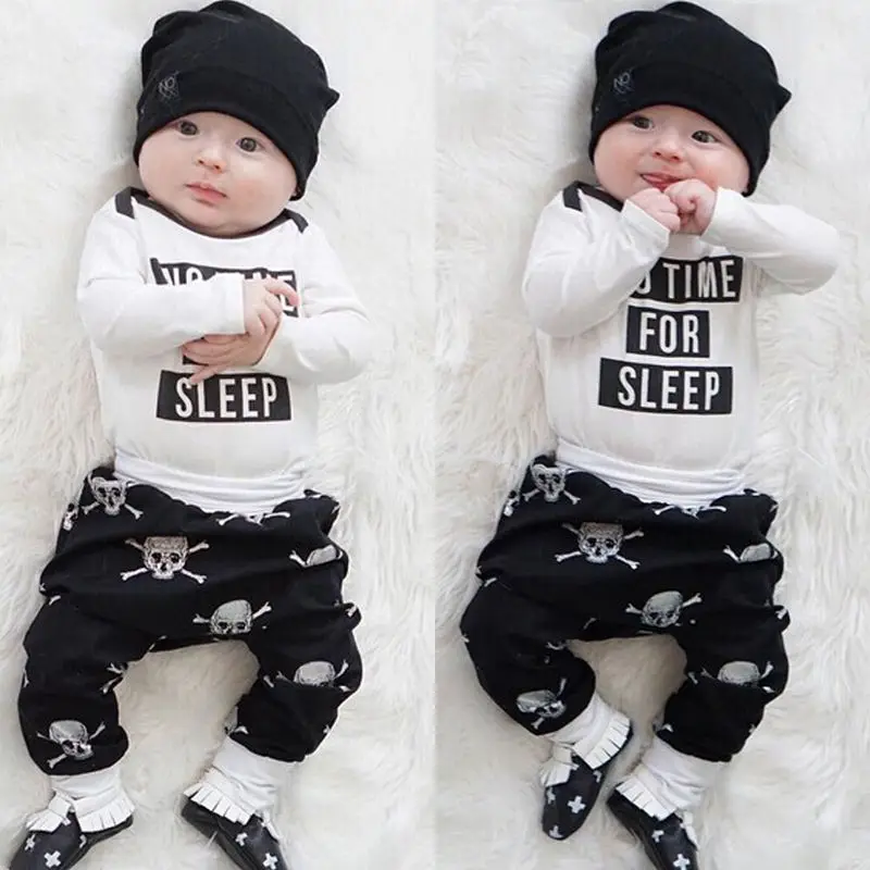 Emmababy Осенняя стильная одежда для младенцев комплекты одежды для малышей для маленьких мальчиков девушка череп одежда ползунки+ Брюки для девочек Мотобрюки наряды комплект 2 шт. костюм