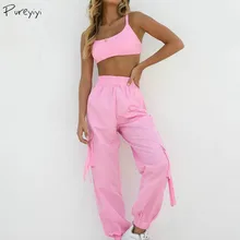 Женская спортивная одежда наборы для йоги Свободные повседневные брюки карго костюм спортивный комплект сплошной цвет розовый сзади бандажный топ с бретельками и карманами Брюки