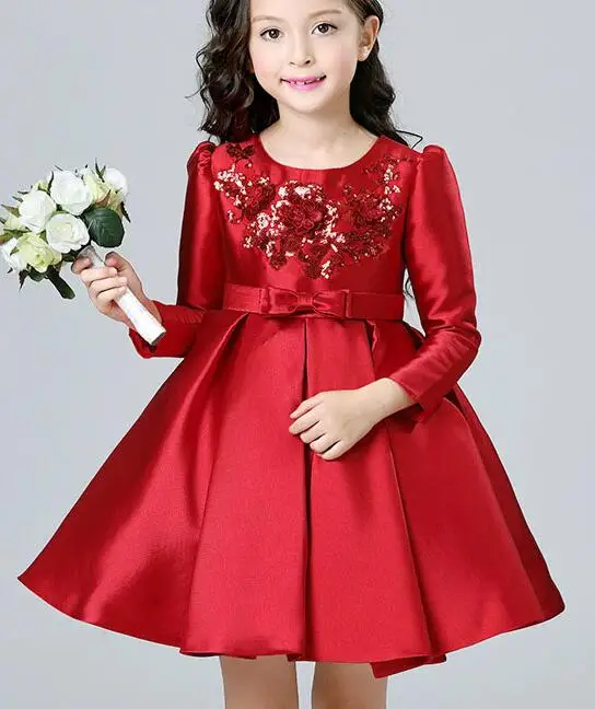 Girl Red Sequins Dress Kids Prom Party Wedding Bridesmaid Ball Gown Long Sleeves Children's Costume For Birthday Dresses | Детская