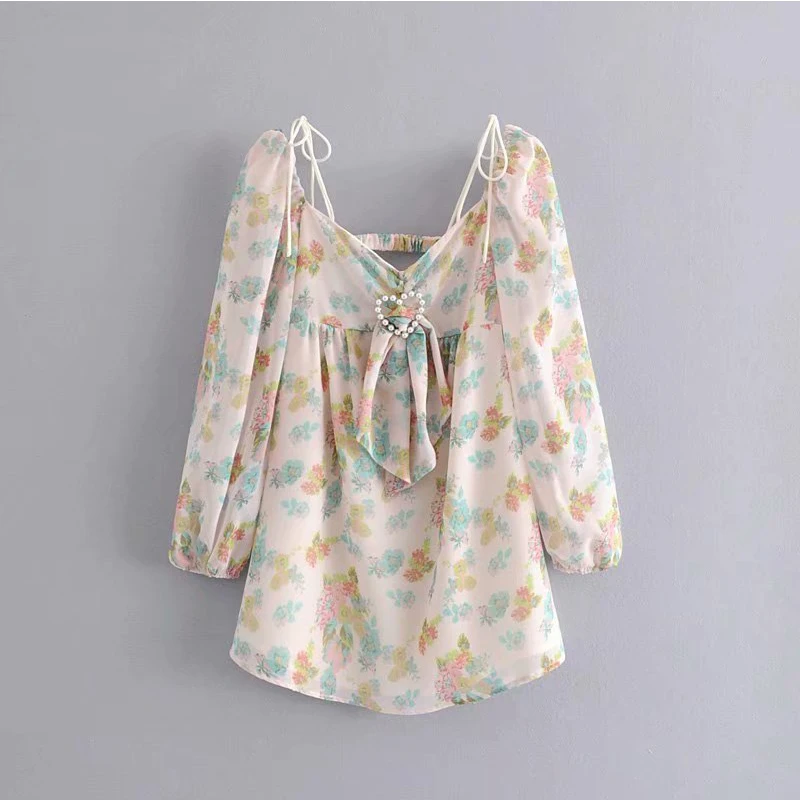Women's Clothing Dress 2019 Chiffon Print Open Back Long Sleeve Dress Ms Summer Street Sexy Slim Fit Temperament Clothing