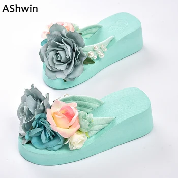 

summer women flip flops thong slippers flower flatform shoes mules clogs wedge handmade pearl slippers jelly color hawaiian