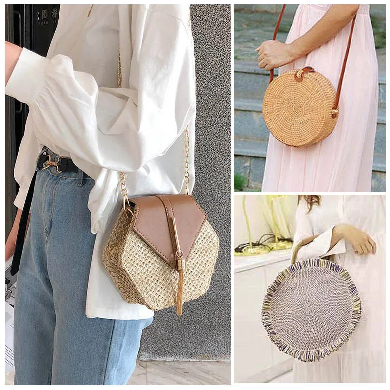 

2019 New Women Straw Handbag Female Summer Rattan Bag Handmade Woven Beach Circle Bohemia Shoulder small bags for women