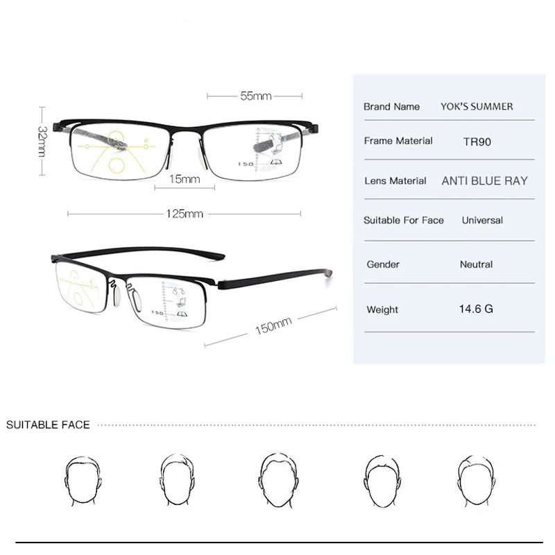 YOK'S TR90 без оправы анти синий луч прогрессивные многофокусные очки для чтения квадратные бифокальные очки для ближнего и дальнего расстояния HN1304