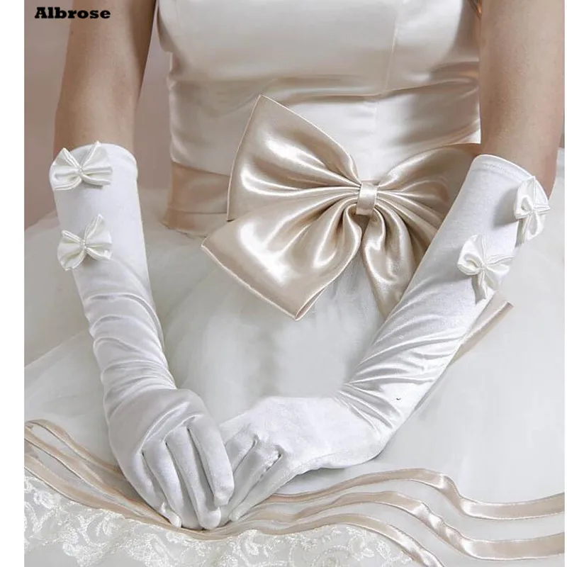 Elegant Red Ivory Satin Bridal Gloves with Two Bows Elbow Length