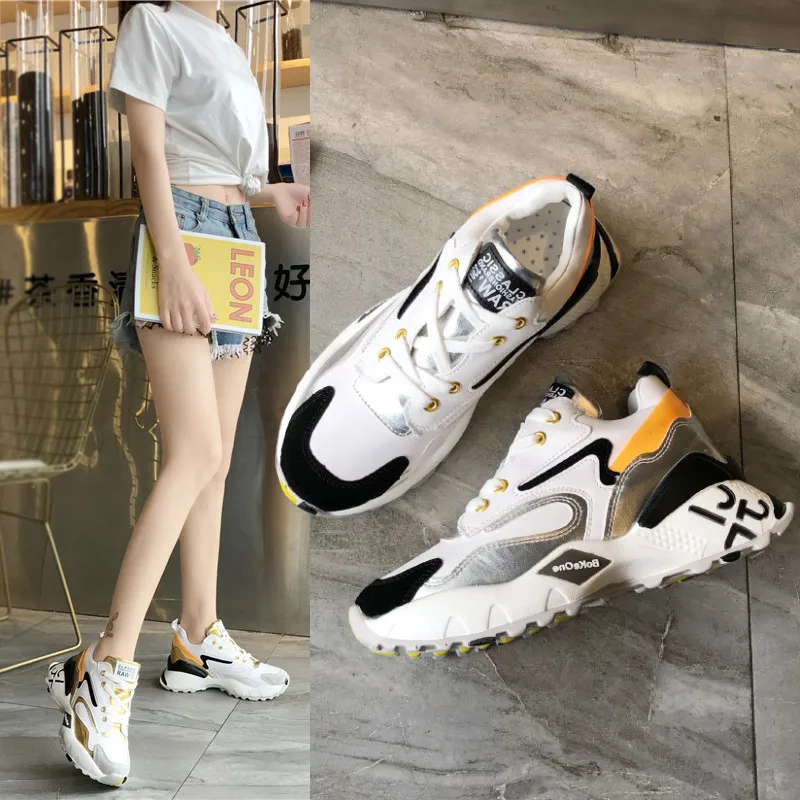 

2019 Summer New Mixed Colors Wedge Platform Sneakers Lace-up Chunky Sneakers Harajuku Casual Dad Shoes White Sneakers