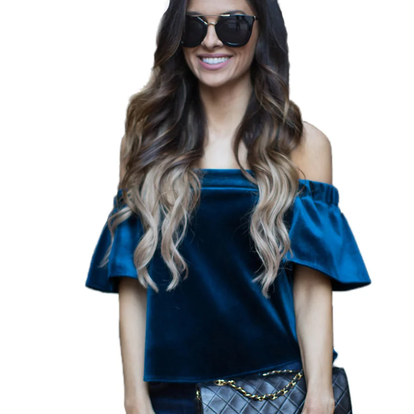 Slash Neck Sapphire Velvet Tops 