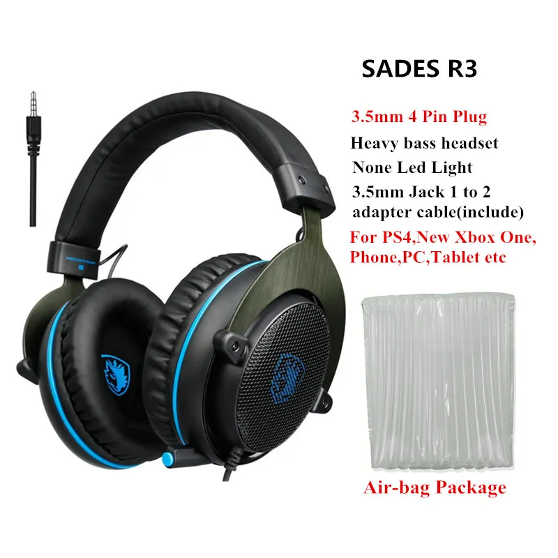 Sades R3 3.5 мм Игровые наушники с микрофоном Hi-Fi Auriculares стерео Бас игры гарнитура для ПК геймера PS4 Xbox One смартфон - Цвет: black blue pvc