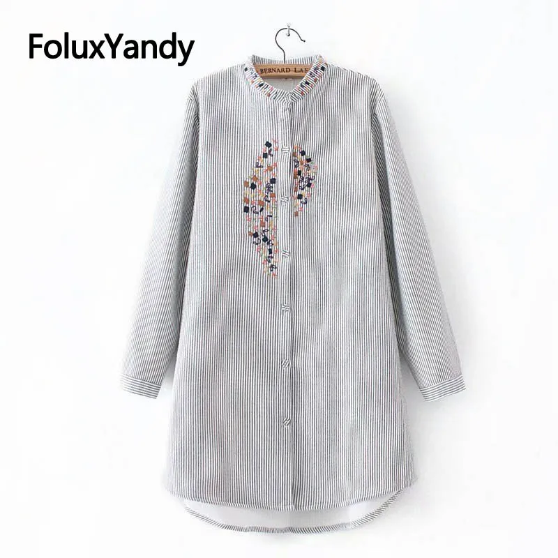 

Warm Thick Shirts Women Embroidery Casual Striped Long Sleeve Plus Size Blouse Shirt Autumn Winter KKFY2811