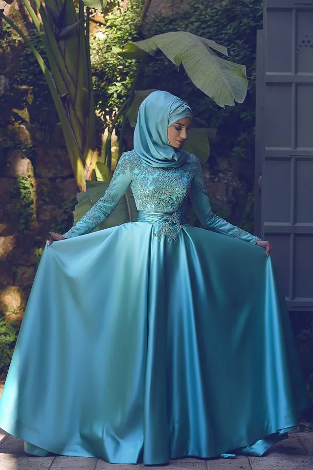 Lace Appliques Long Sleeves Muslim Evening Dresses With font b Hijab b font High Neck Kanfan