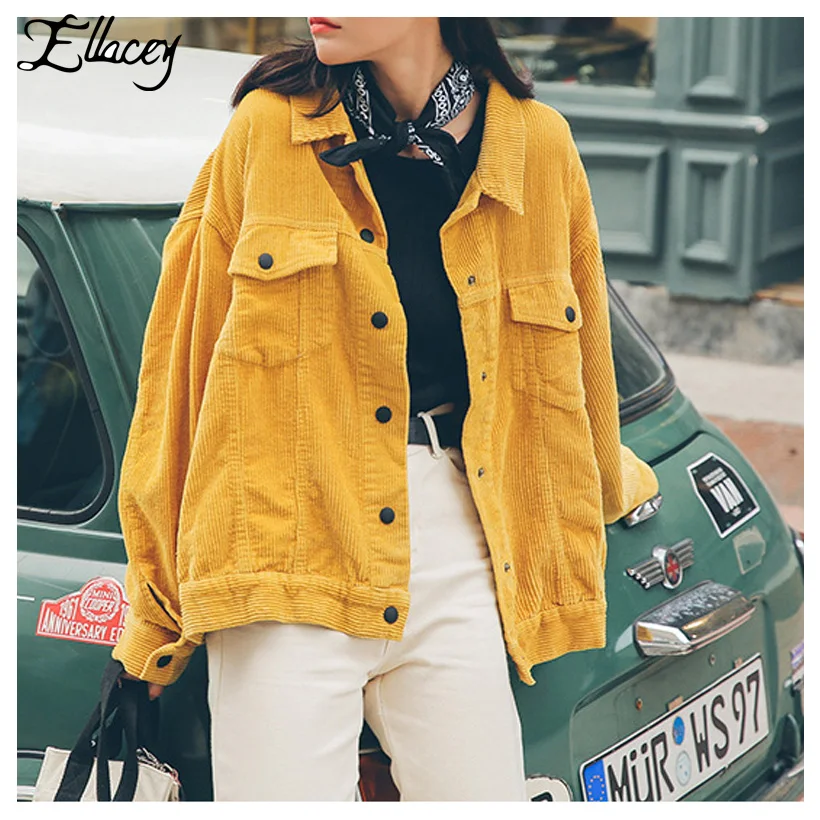 Ellacey New Stylish 2019 Bomber Jacket With Pockets Cotton Corduroy Jacket Women Basic Coats Stylish Slim Fit Fashion Outerwear