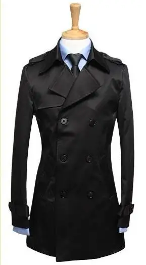 Цвет хаки, черный, синий,, Мужская одежда, весенне-осенний тонкий Тренч, Мужская двубортная верхняя одежда средней длины, пальто, мужское длинное пальто - Цвет: black