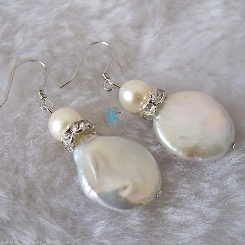 7-14mm-White-Coin-Freshwater-Pearl-Earrings-Dangle-Earrings