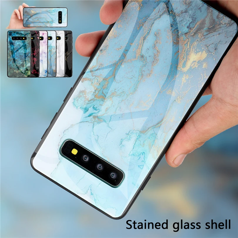 Luxury Case For Samsung S10 5G S9 S8 Galaxy Plus Hybird Marble Tempered Glass Hard Cover Note 9 8 |