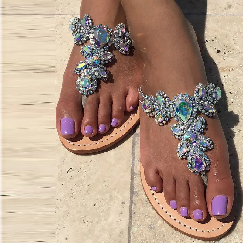 

Summer Ladies Glitter Multicolors Shine Rhinestone Flip Flops Sandals Flats Thong toe Girl's Beach Bling Gem Crystal Side Shoes