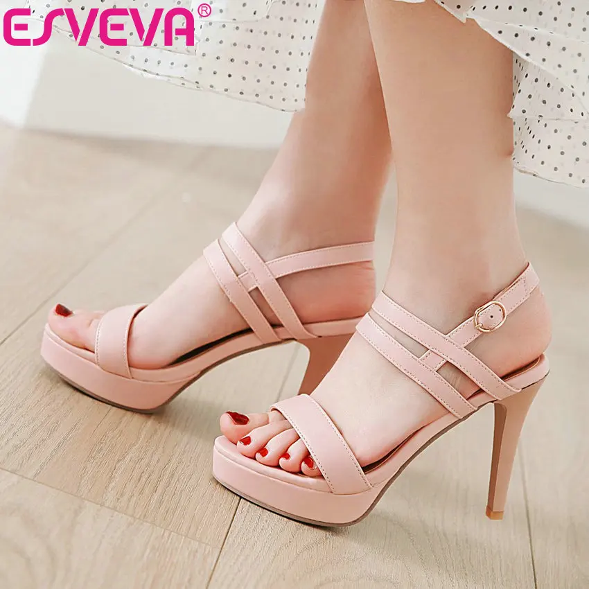 

ESVEVA 2019 Platform Women Sandals Shoes Buckle Strap Elegant Sandals Round Toe Summer Thin High Heels Shoes Women Size 34-43