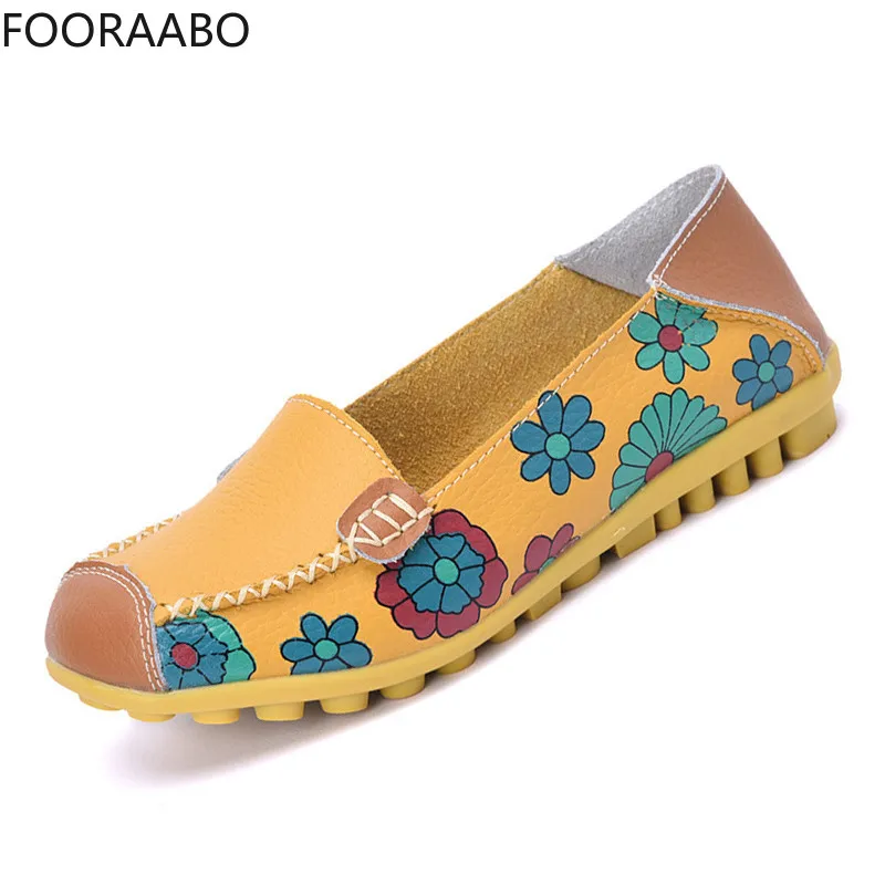 

FOORAABO 2019 Appliques Ballet Summer Flower Print Women Genuine Leather Shoes Woman Flat Flexible Nurse Peas Loafer Flats
