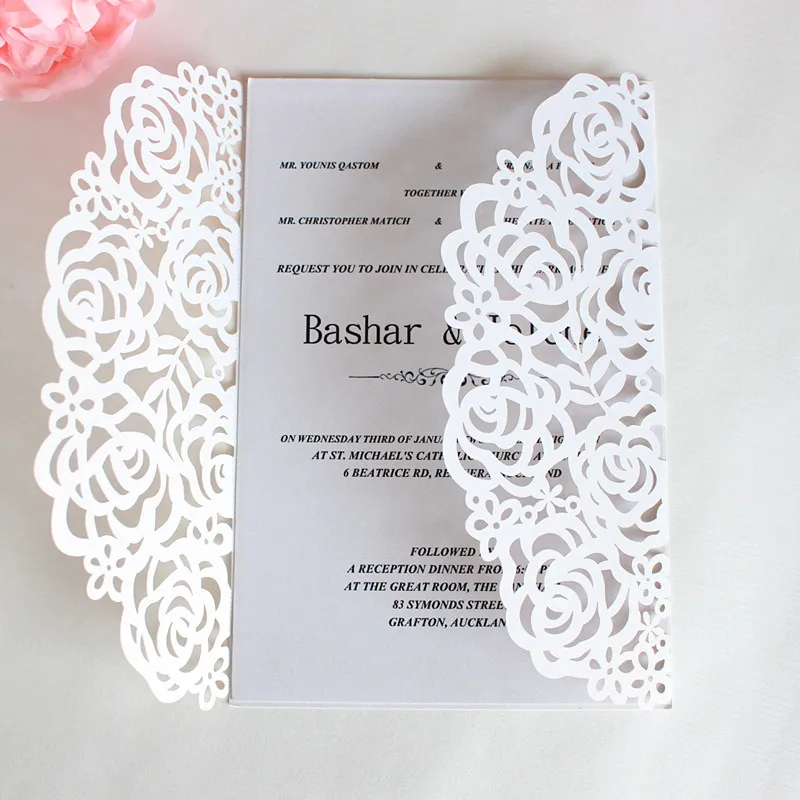 Розовая роза лазерная обработка карт для свадьбы помолвка крестины с конвертом внутренняя карта романтические пригласительные 50 шт./партия - Цвет: white