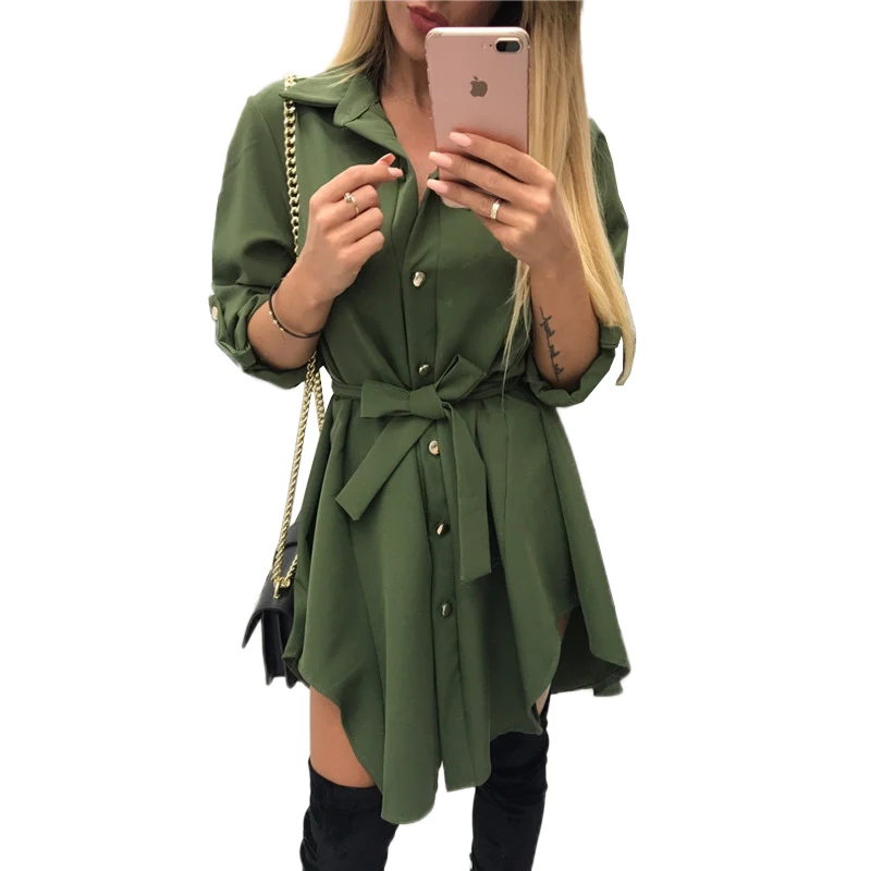 Irregular Tie Waist Shirt Dress Women Spring 2018 Wrap Dress Long Sleeve Turn Down Collar Army