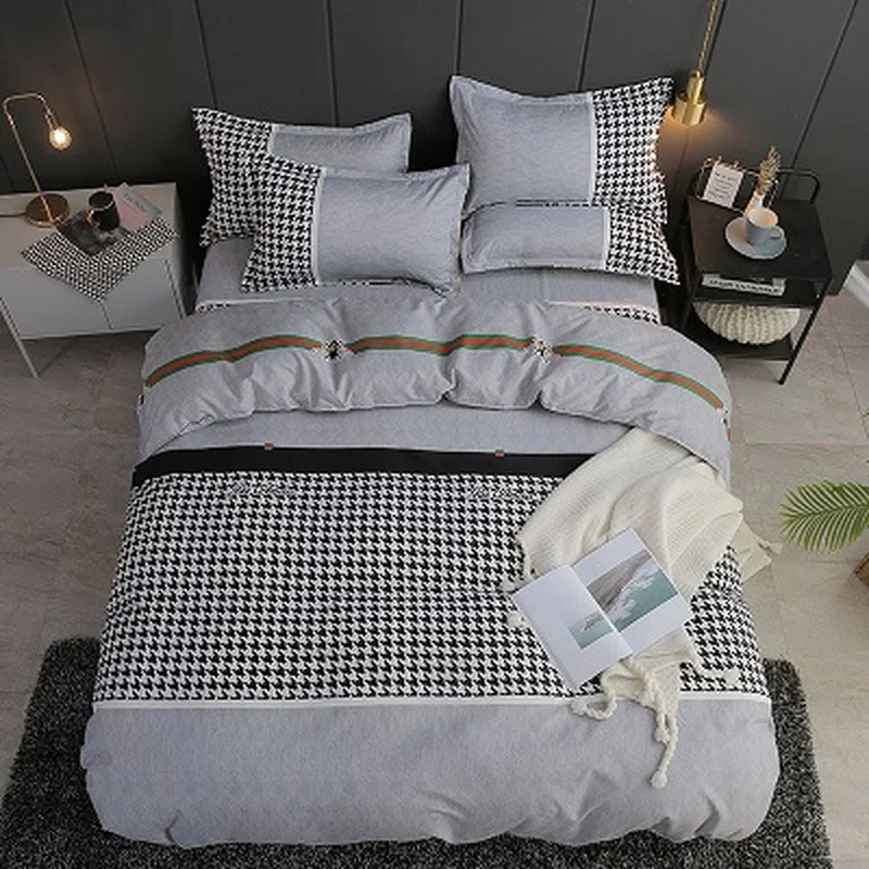 

4PCs Black Grid Single Double Duvet Cover Without Gift For Home Polyester Simple Geometric Pattern Bedclothes