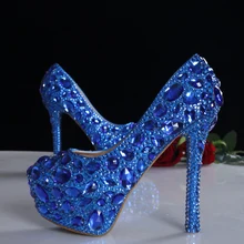 2016 spring blue crystal bridal wedding shoes up heel platform shoes genuine leather comfortable insole women pumps plus size