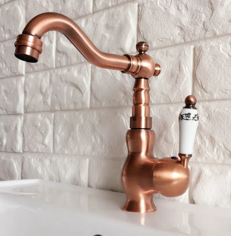 Swivel Spout Water Tap Antique Red Copper Single Handle Single Hole Kitchen Sink & Bathroom Faucet Basin Mixer Tap anf403