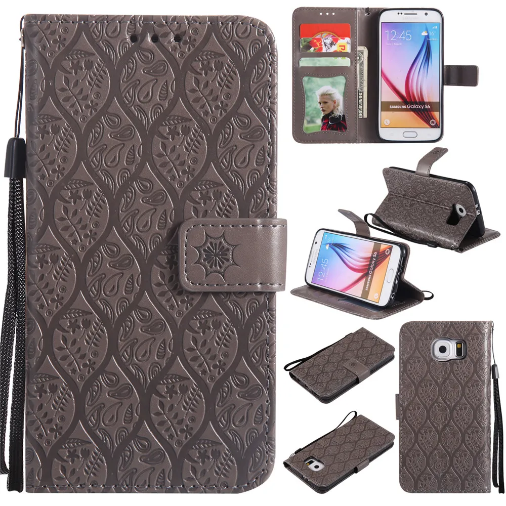 

3D Embossed Rattan Flowers Flip Case For Samsung Galaxy S6 PU Leather Silicone Luxury Wallet Holster Cover For Samsung S6 S 6