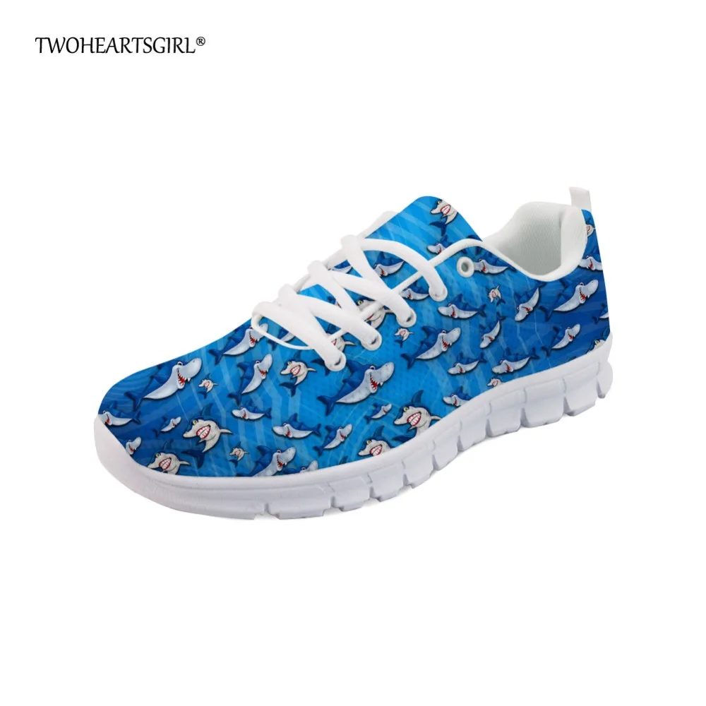 

Twoheartsgirl Blue Printing Animal Shark Women Flat Shoes Leisure Breathable Mesh Sneakers for Girls Ladies Students Flat