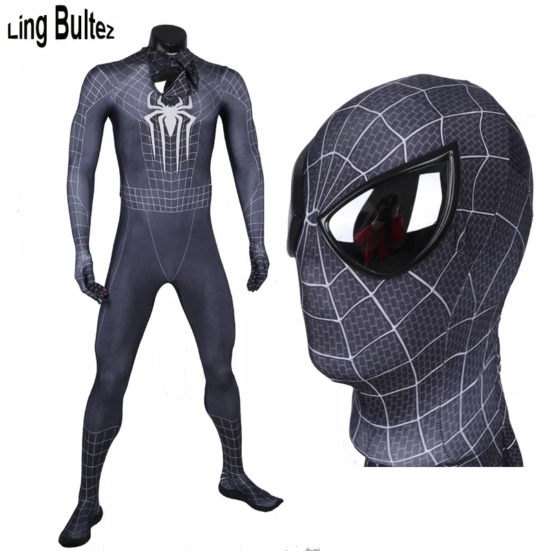 Ling Bultez Высокое качество черный костюм Человека-паука с зеркальными линзами черный Удивительный Человек-паук спандекс костюм