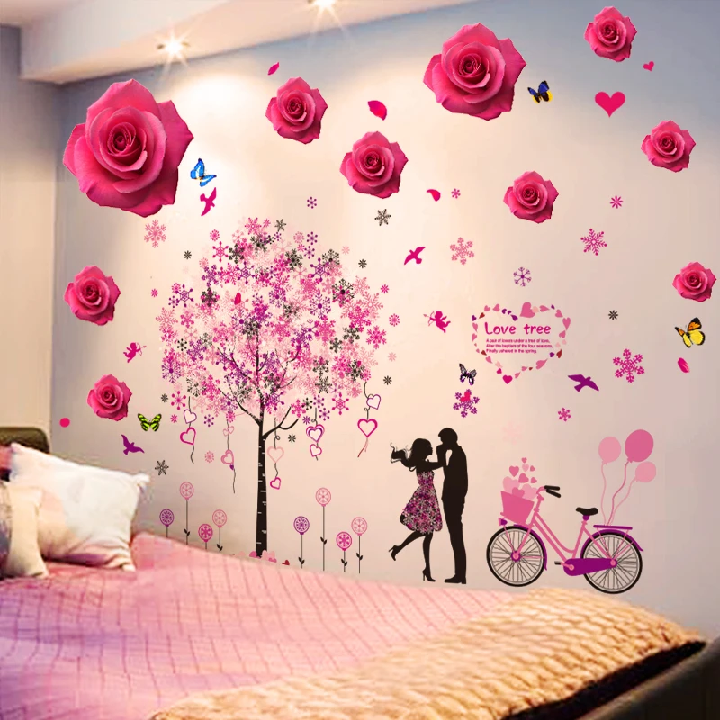 

[SHIJUEHEZI] Snowflake Tree Wall Stickers DIY Cartoon Couples Red Rosees Wall Art for Living Room Wedding Decoration Pegatinas