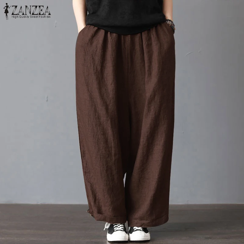 ZANZEA 2019 Women Wide Leg Pants Casual Loose Solid Work Trousers Elastic Waist Pockets Long Pantalon Femme Streetwear Plus Size ZANZEA 2019 Women Wide Leg Pants Casual Loose Solid Work Trousers Elastic Waist Pockets Long Pantalon Femme Streetwear Plus Size
