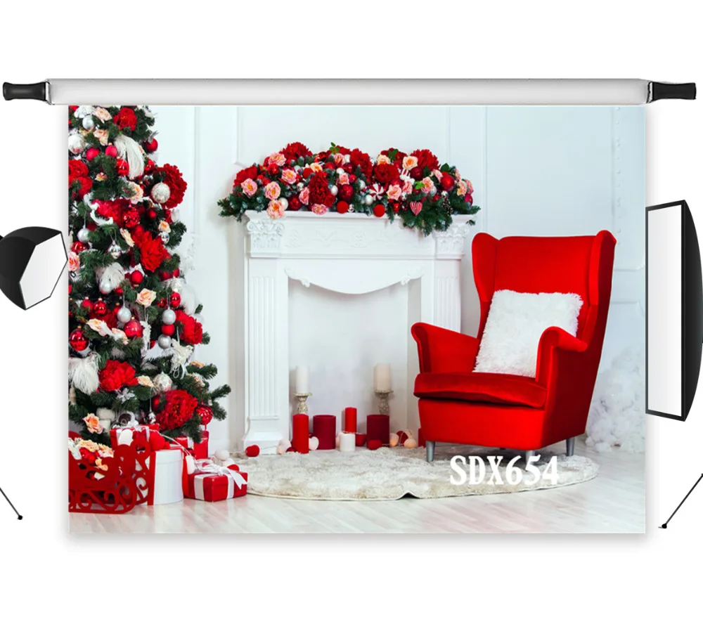 

LB Polyester & Vinyl Christmas Tree Gifts Red Sofa Flowers Photo Background Photography Backdrops Backgrounds For Photo Studio