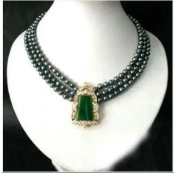 

Hot selling 3Row Black Freshwater Pearl Necklace Green Natural stone Clasp -Bride jewelry free shipping