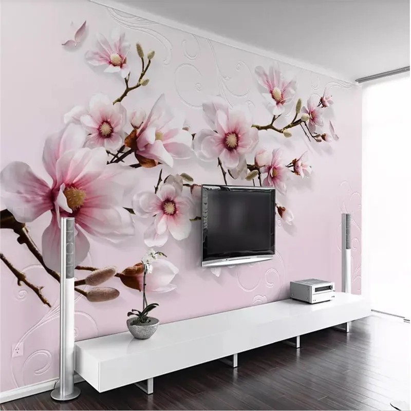 

Professional production wallpaper mural modern minimalist hand-painted 3D lily pink background wall cloth thickening