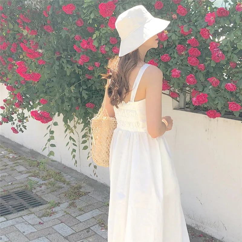 

Summer Solid Dress 2019 Women High Waist Square Neck backless A-line Korean Vintage Loose Back Maxi Long Dresses