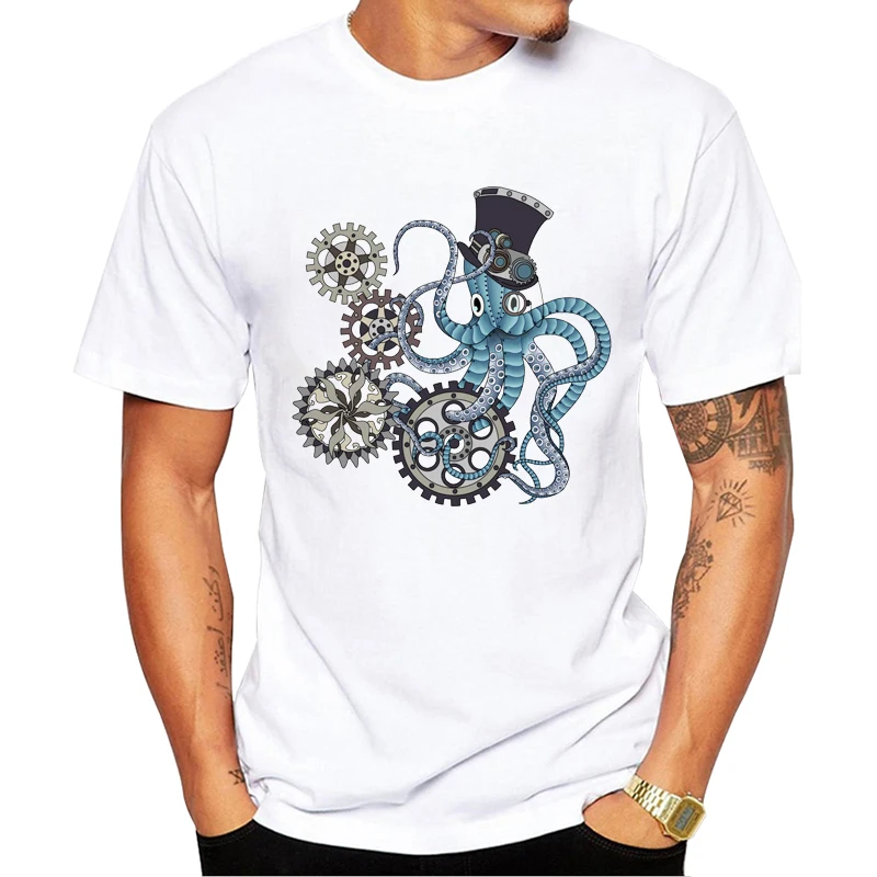 

TEEHUB 2019 Fashion Punk Style Men T-Shirt Steampunk Octopus Printed Tshirts Casual Tops Short Sleeve Summer Tees