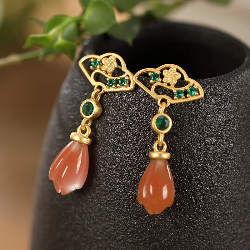 

Chinese Ethnic Wedding Earrings For Women Real 925 Sterling Silver Drop Agate Earrings Fine Gemstone Jewelry Engagement Gift