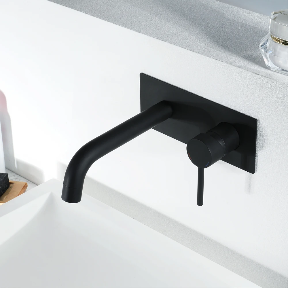 Black Concealed Lavatory Faucet Wall Mounted Copper Washbasin Hot