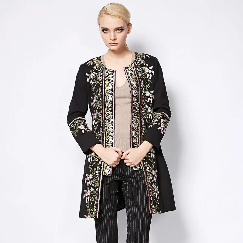 

Vintage Windbreaker 2015 New Winter Fashion Brand Coat Full Sleeve Heavy Flower Embroidery Black Famous Brand Coat