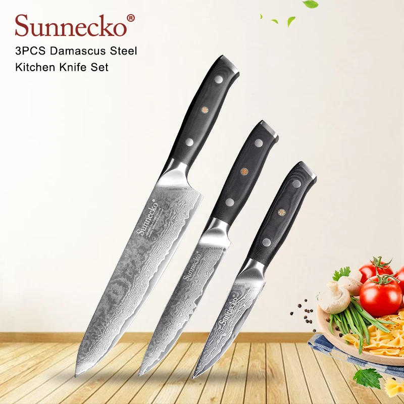 

SUNNECKO 3PCS Kitchen Knives Set Paring Utility Chef Knife Damascus Japanese VG10 Steel Knife G10 Handle Meat Fruit Cutting Tool