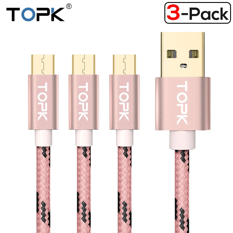 TOPK [3-Pack] 5 V/2,4 A(макс.) Micro USB кабель, нейлоновый плетеный металлический корпус позолоченный зарядный кабель для samsung/Xiaomi/huawei - Цвет: 3 x Rosegold