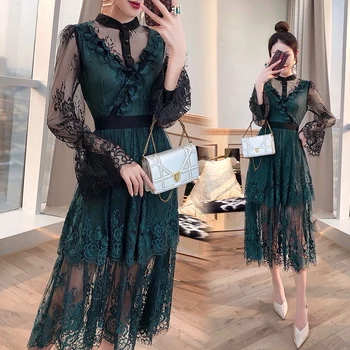 

2019 Dress Sexy Celebrity Patchwork Lace Full Hollow Out Flare Sleeve Women Ruffles O Neck Night Club Body con Dresses Wholesale
