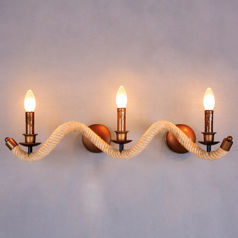 American retro handmade hemp rope LED wall lamp loft restaurant decoration iron imitation old paint E14 * 3 lighting 220V