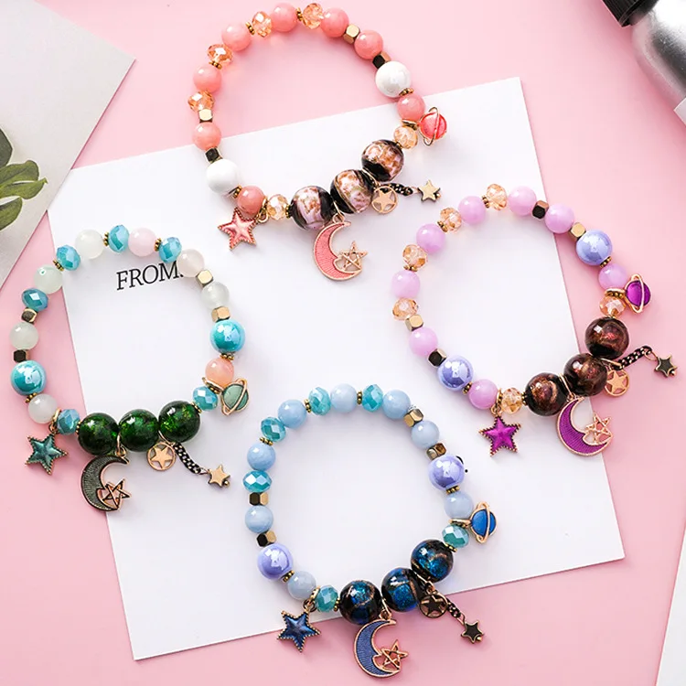 

2018 Sweet Cute Boho Creative Star Moon Space Crystal Glass Beads Bracelet Bangle for Women Wedding Party Handmade Charm Jewelry