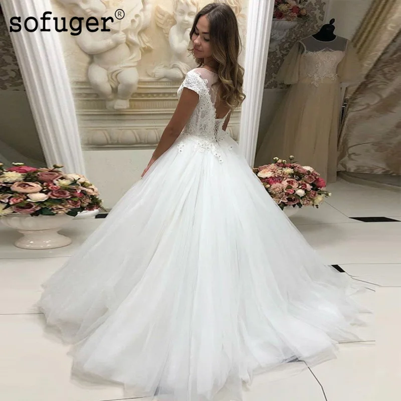

White Ivory Scoop Tulle Dress Lace Beadings Appliques Detachable Cap Sleeves Train Vestidos De Noivas Wedding Bridal Dress