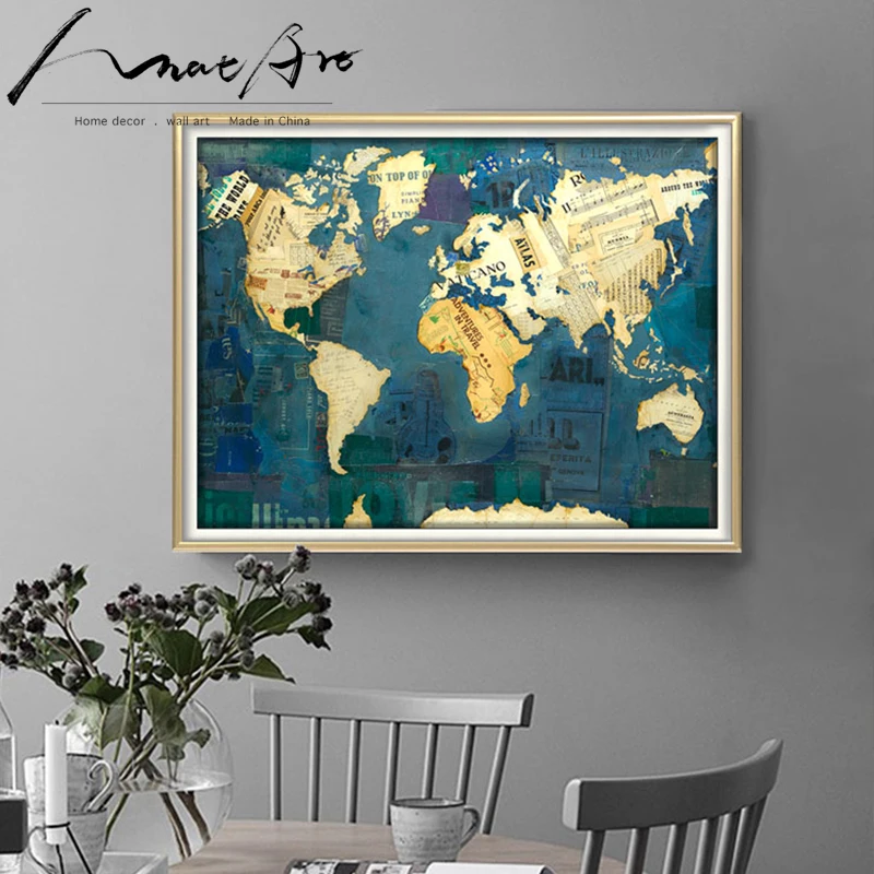 

World map painting Wall picture poster print Canvas art Green Golden American style home decor office living room bar decoration