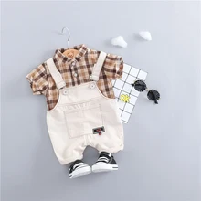 Сандалии на лето Одежда для младенцев Комплекты для маленьких девочек и мальчиков Рубашки в клетку комбинезон 2 шт./компл. Костюм для детей, для малышей Костюмы