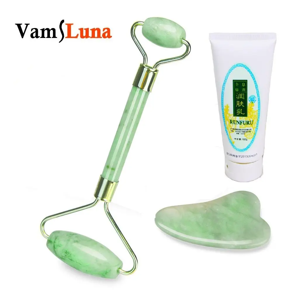 

Jade Roller for Face and Gua Sha Scraping Massage Tool Set Therapy For Slimming, Anti Aging With 100g Cream