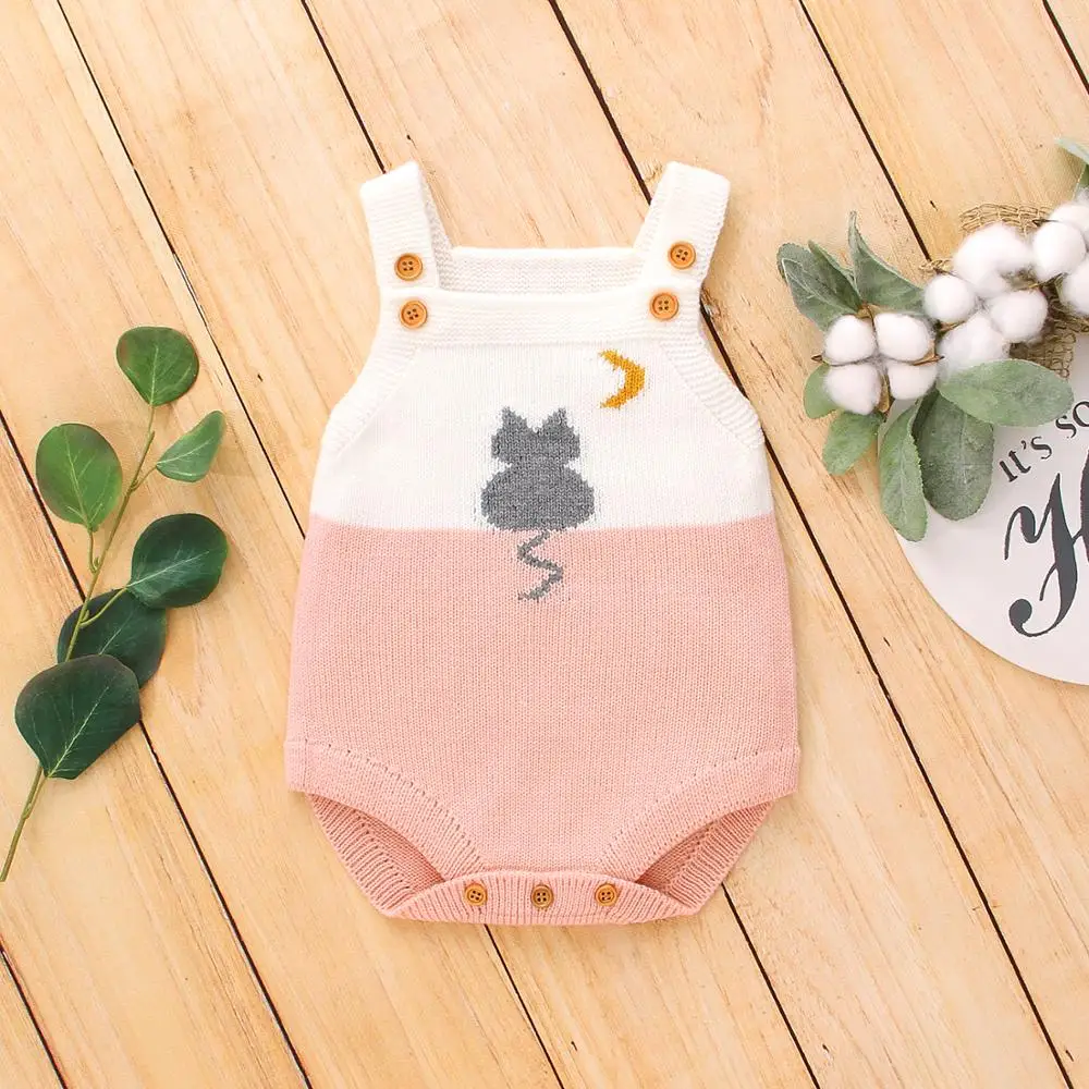 Newborn Baby Bodysuits Summer Sleeveless Toddler Boys Girls Overalls Cute Cat Knit Infant Kids One Piece Coverall Jumpsuit 0-18M